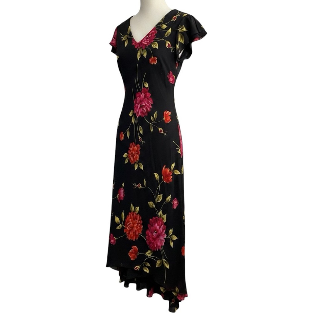 Vintage Y2K Donna Ricco Dress Womens 6 Dark Floral Chiffon Asymmetrical Fairy